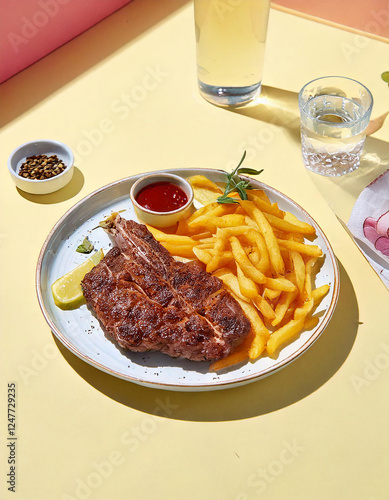 Filete de res con papas fritas photo