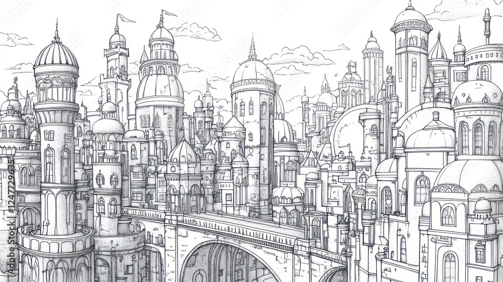 Fantasy city skyline, bridge, architectural sketch, clouds, illustration, fairytale setting Fantasy city skyline, bridge, architectural sketch, clouds, illustration, fairytale setting