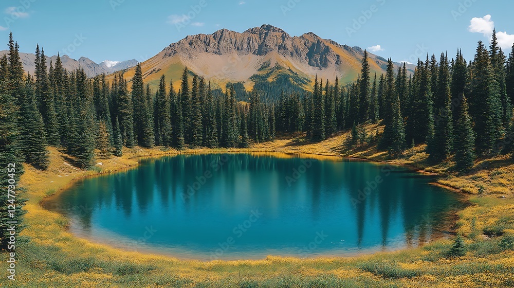 Mountain Lake Surrounded By Lush Green Coniferous Forest Mountain Lake Surrounded By Lush Green Coniferous Forest