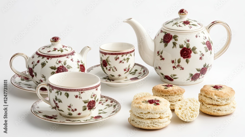 Elegant tea set with roses design, teapot, cups, saucers and scones on white background. Elegant tea set with roses design, teapot, cups, saucers and scones on white background.