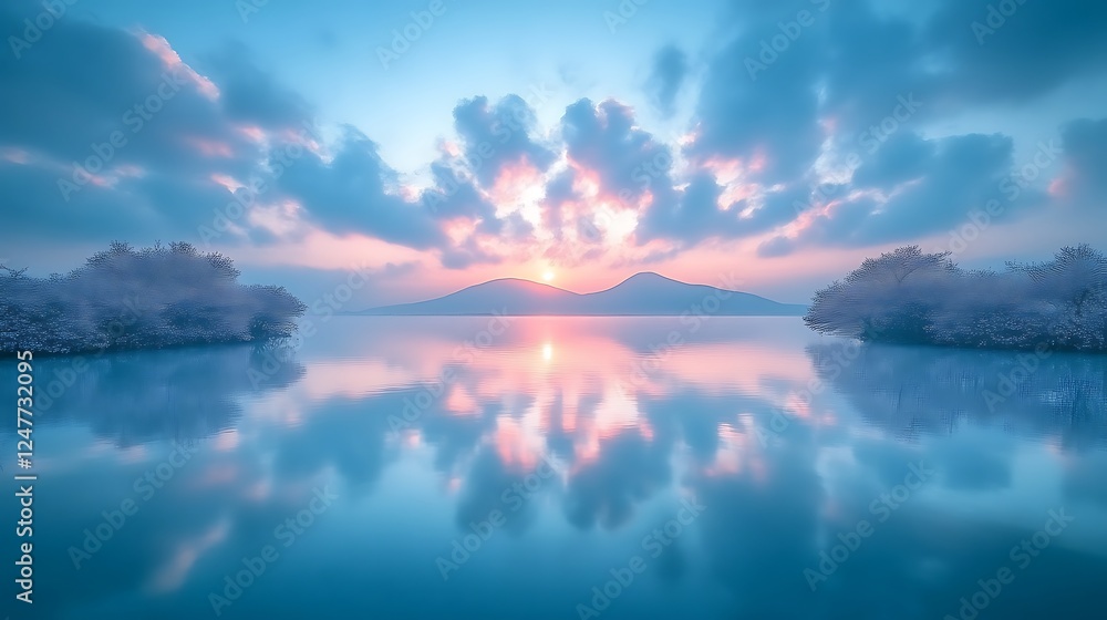 Fototapeta premium Serene Sunrise Over Calm Lake and Mountains