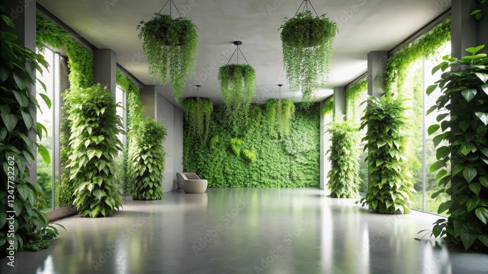 Fototapeta premium Serene Indoor Oasis A Modern Space Adorned with Lush Vertical Gardens and Hanging Planters, Featuring a Minimalist Seating Area