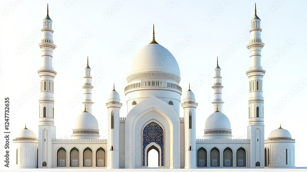 Obraz premium Majestic white mosque with intricate details, multiple domes, and tall minarets against a bright background.