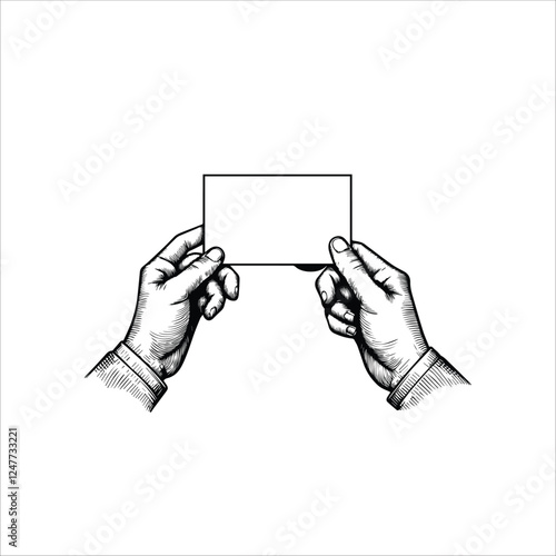 A monochromatic artwork showcasing two hands firmly holding a blank, rectangular frame in a vintage art style.