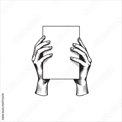 A monochromatic artwork showcasing two hands firmly holding a blank, rectangular frame in a vintage art style.