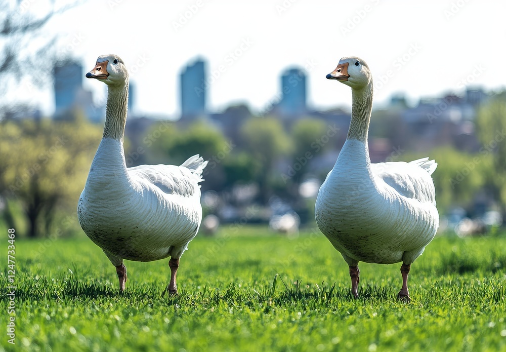 Two White Geese Walking on Green Lawn with Blurred Farm Background. High-Definition Photography Capturing Nature's Serenity. Two White Geese Walking on Green Lawn with Blurred Farm Background. High-Definition Photography Capturing Nature's Serenity.