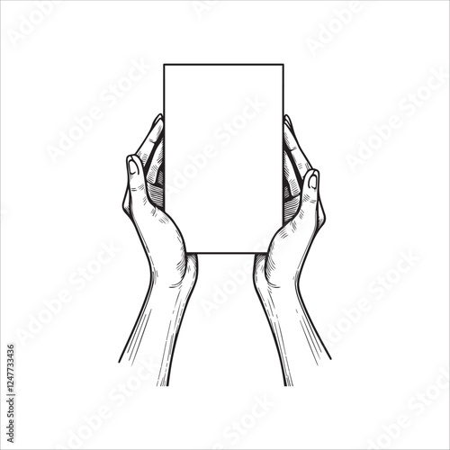 A monochromatic artwork showcasing two hands firmly holding a blank, rectangular frame in a vintage art style.