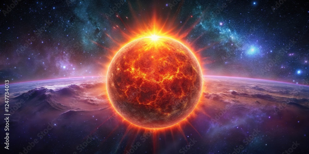 A Fiery Celestial Body Radiates Intense Energy Across the Cosmic Expanse, Illuminating a Nearby Planet with its Glowing Aura A Fiery Celestial Body Radiates Intense Energy Across the Cosmic Expanse, Illuminating a Nearby Planet with its Glowing Aura