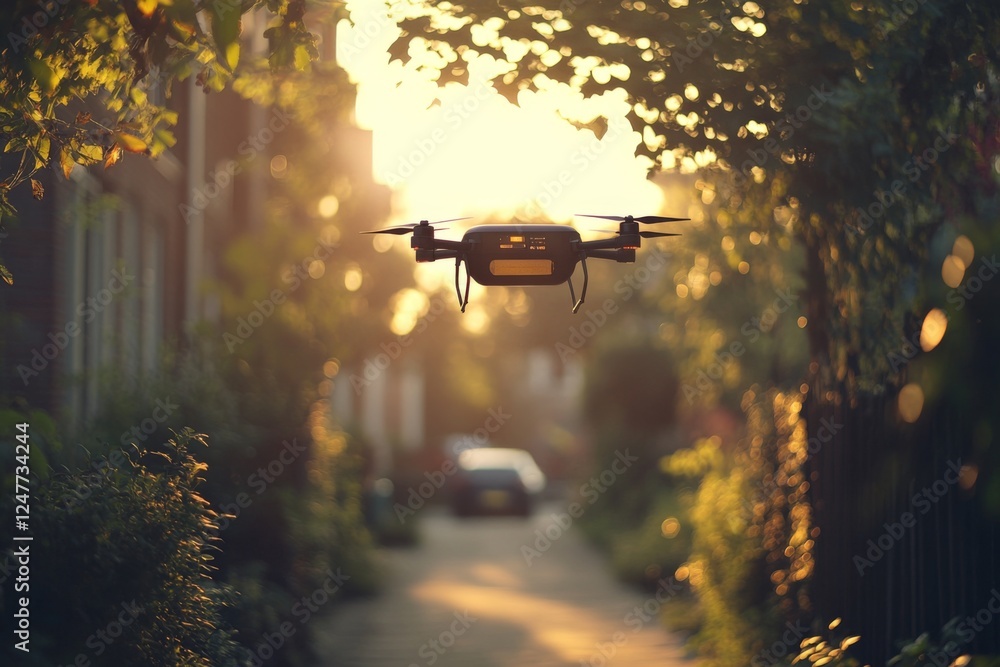 Drone flying above a forest path in golden sunset light Drone flying above a forest path in golden sunset light