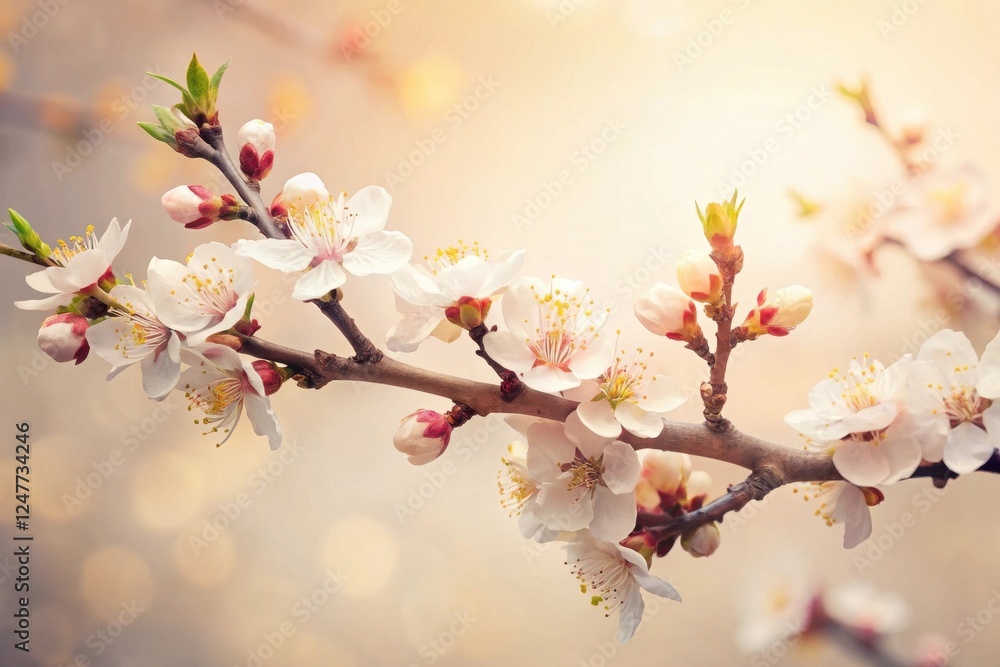 Delicate Spring Blossoms on a Branch, Softly Illuminated by Warm Sunlight, a Symbol of Renewal and Rebirth Delicate Spring Blossoms on a Branch, Softly Illuminated by Warm Sunlight, a Symbol of Renewal and Rebirth