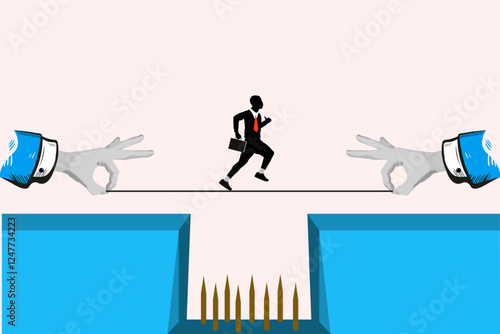 Businessman Tightrope Walk Risk, Challenge, Opportunity, Danger, Success, Failure, Balance, Precario