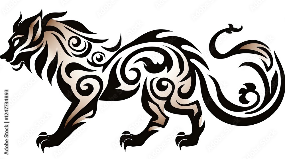 Fototapeta premium Tribal wolf design, stylized animal illustration with swirling patterns and ornate details on a white background.