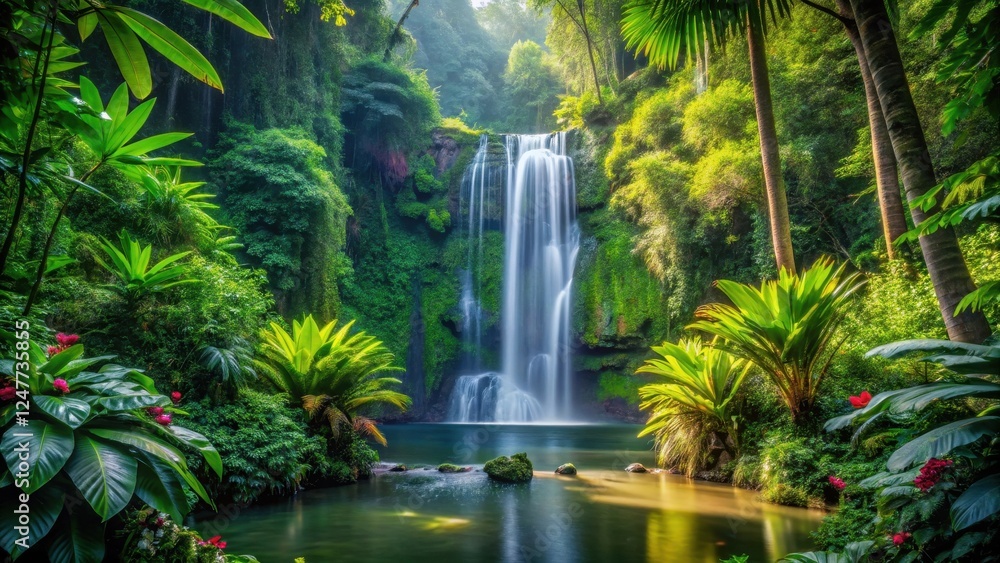 Serene Waterfall Cascading into Lush Tropical Paradise, Surrounded by Vibrant Greenery and Tranquil Pool Serene Waterfall Cascading into Lush Tropical Paradise, Surrounded by Vibrant Greenery and Tranquil Pool