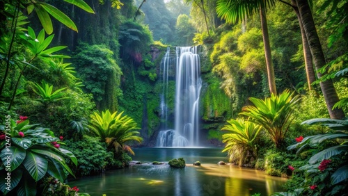 Serene Waterfall Cascading into Lush Tropical Paradise, Surrounded by Vibrant Greenery and Tranquil Pool