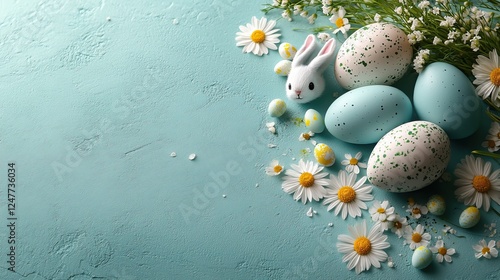 An easter charm layout top view vertical image of adorable hare ears visible from a broken eggshell, colored eggs and chamomile petals on a light teal background with space for script or promos.