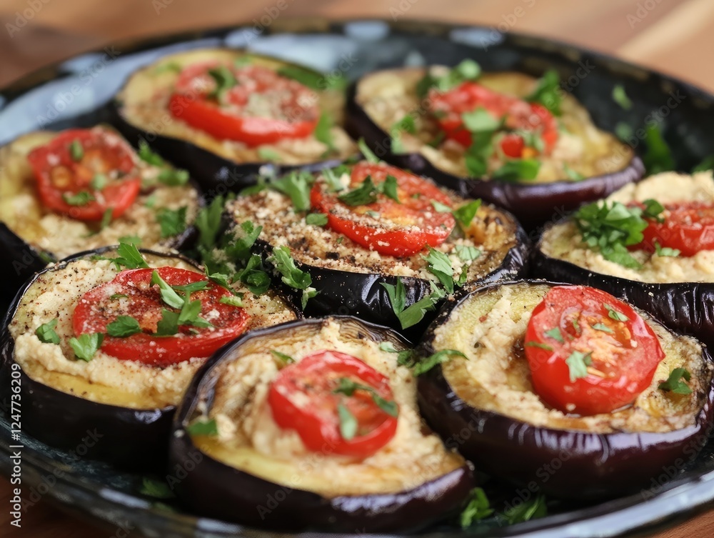 Delicious baked eggplant slices topped with tomato and fresh parsley leaves Delicious baked eggplant slices topped with tomato and fresh parsley leaves