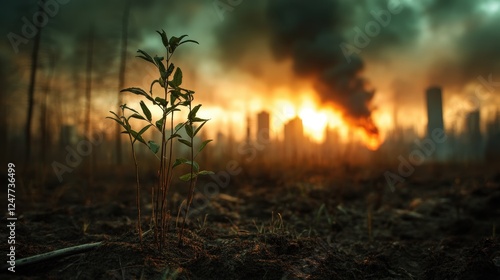 A resilient green plant emerges from the charred earth beneath a smoky urban backdrop, symbolizing hope and perseverance in the face of environmental challenges and devastation. photo