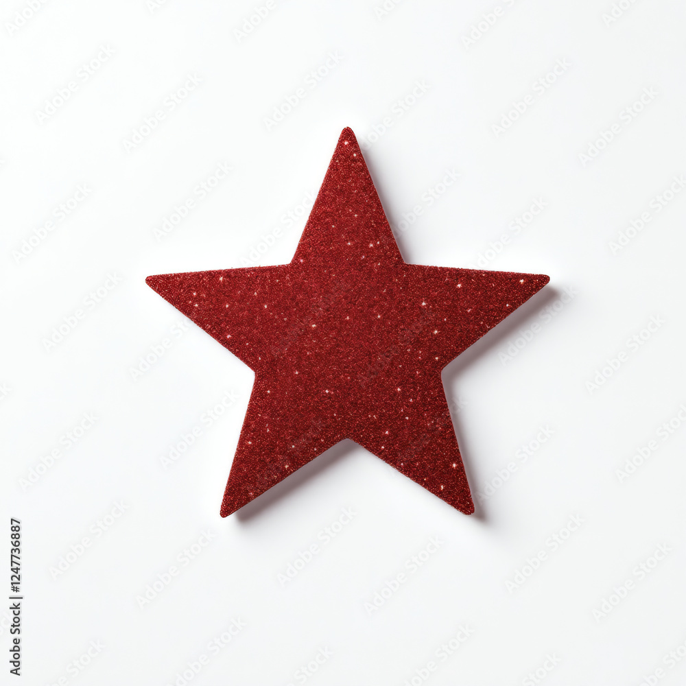 Obraz premium A vibrant red Christmas star glitter sticker isolated on a white background, perfect for holiday designs, greeting cards, and festive decorations.