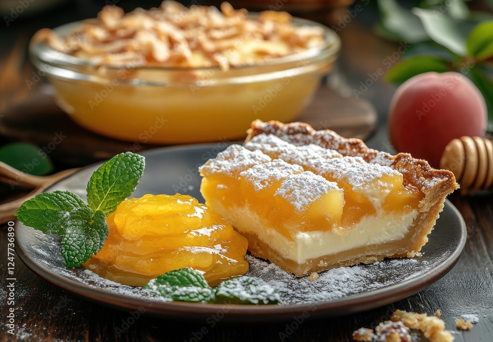 Freshly Baked Fruit Tart with Creamy Filling and Tangy Fruit Slices on a Rustic Wooden Table Decorated with Mint Leaves and Honey Freshly Baked Fruit Tart with Creamy Filling and Tangy Fruit Slices on a Rustic Wooden Table Decorated with Mint Leaves and Honey
