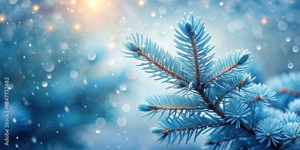 A Frosty Blue Spruce Branch in a Winter Wonderland Scene with Soft Light and Falling Snow A Frosty Blue Spruce Branch in a Winter Wonderland Scene with Soft Light and Falling Snow