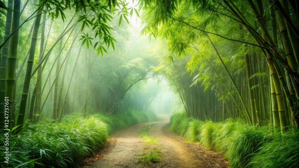 Fototapeta premium Serene Path Winding Through a Misty Bamboo Forest, a Tranquil Scene of Lush Greenery and Sunlight Filtering Through the Canopy