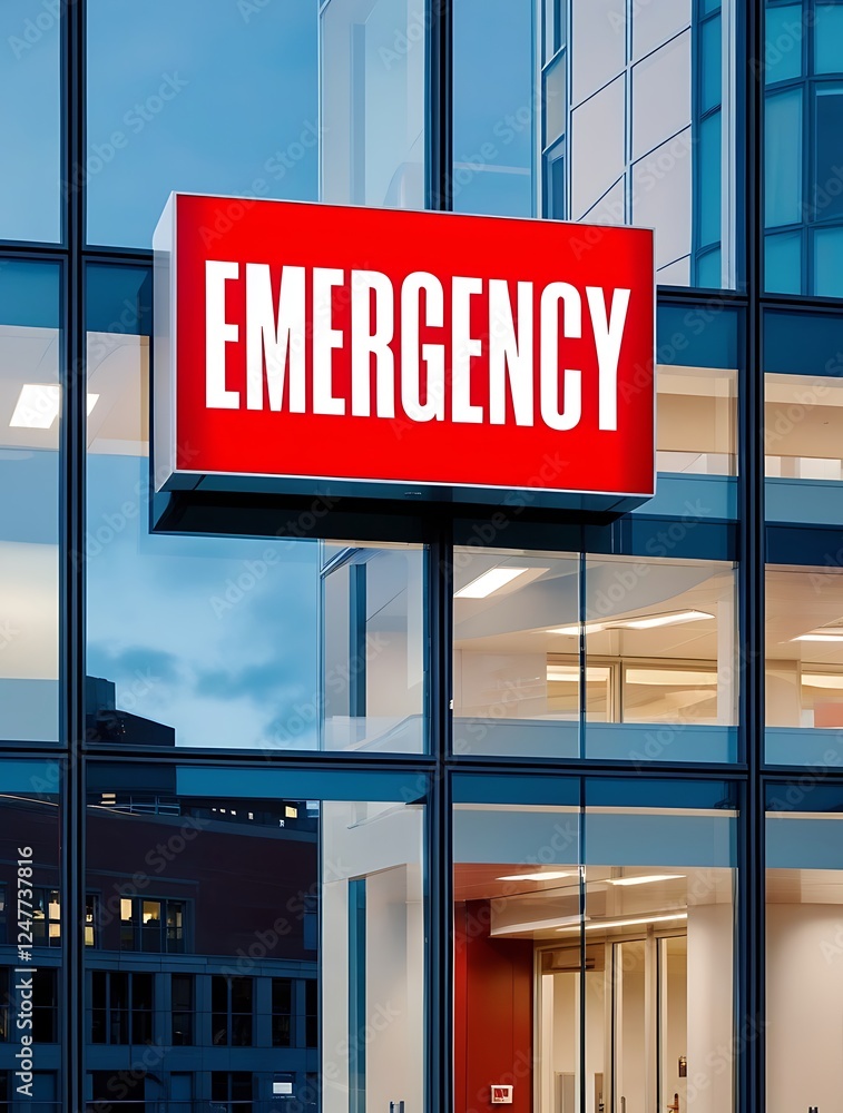 Obraz premium Modern hospital emergency entrance with bright red signage on glass building exterior, reflecting city lights, symbolizing urgent medical care, healthcare services, and critical response