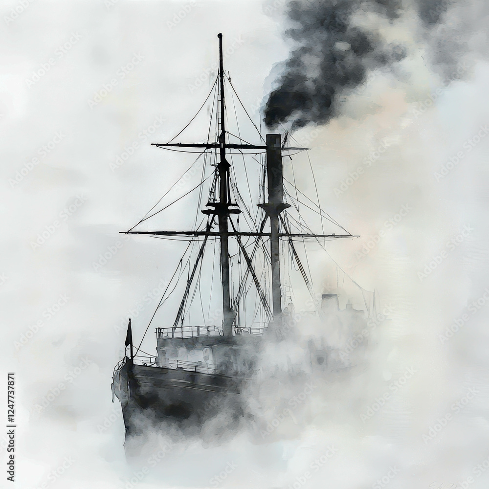 Obraz premium Vintage Steamship Emerging from Mystical Fog in Black and White