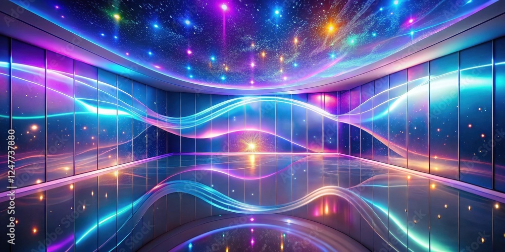 Obraz premium Abstract Futuristic Interior Design with Vibrant Neon Lights and Celestial Ceiling Decor