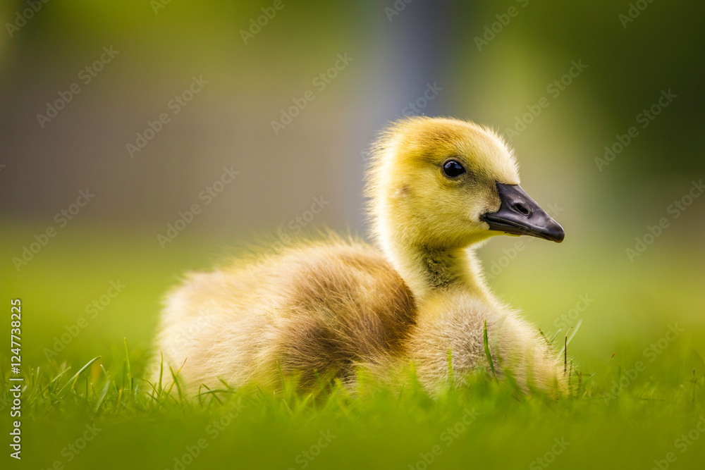 close up of Canada Goose gosling - branta canadensis - resting on grass with its legs tucked under its body close up of Canada Goose gosling - branta canadensis - resting on grass with its legs tucked under its body