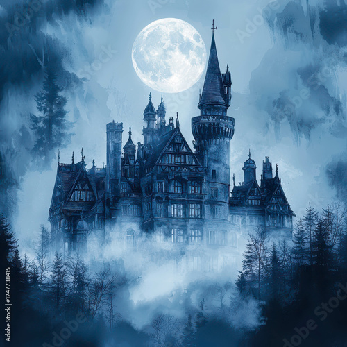 Wallpaper Mural Gothic castle on a misty night under a full moon in blue hues Torontodigital.ca