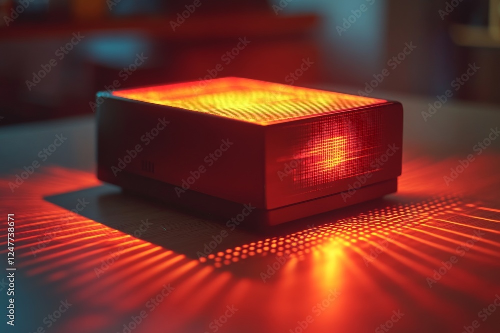 A glowing red cube emitting light on a textured black surface A glowing red cube emitting light on a textured black surface
