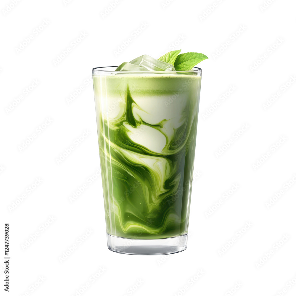Refreshing Green Matcha Latte with Beautiful Swirls and Mint