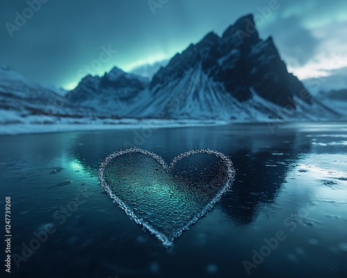 Frozen heart-shaped ice on a lake in Iceland mountains at twilight.  Possible use  Nature, winter, love, tranquility photo