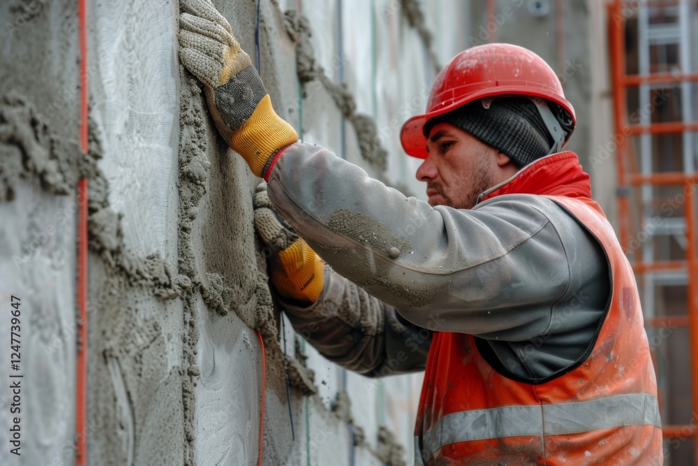 Construction worker installing house wall insulation on new home Construction worker installing house wall insulation on new home