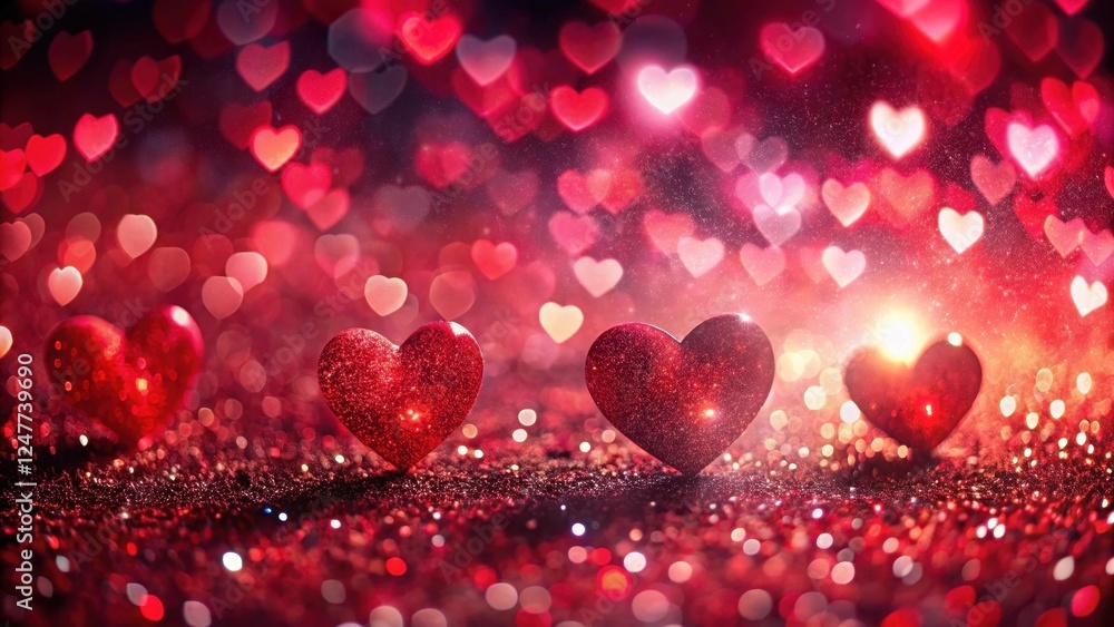 Romantic Red Hearts Glimmering on Sparkling Surface with Defocused Background of Many Hearts