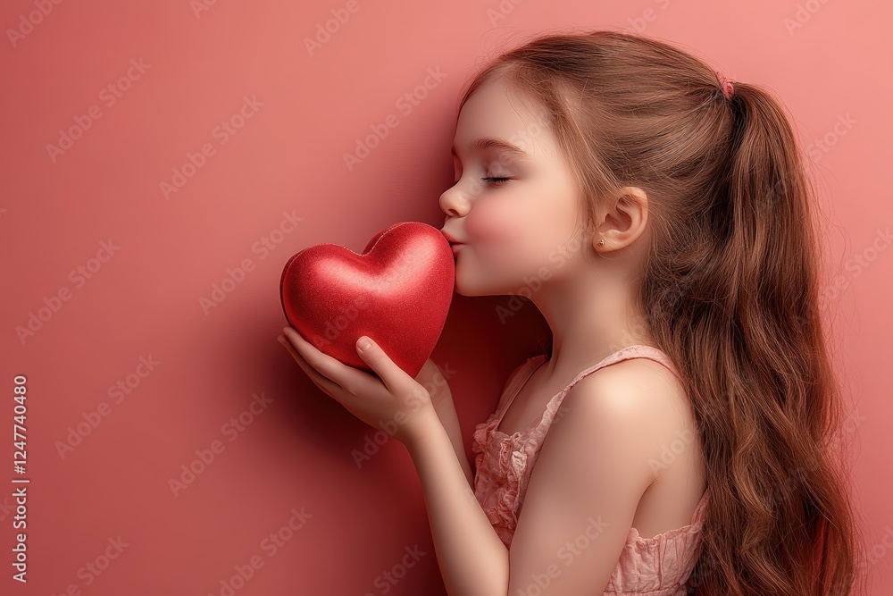 Young girl happily holding a bright red heart symbolizing love and affection in a joyful setting Young girl happily holding a bright red heart symbolizing love and affection in a joyful setting