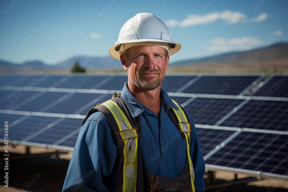 Portrait of a male engineer next to solar panels Portrait of a male engineer next to solar panels