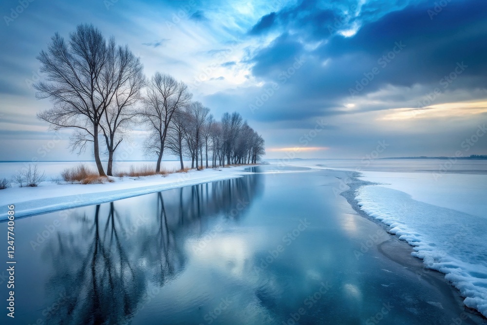 Fototapeta premium Serene Winter Landscape Frozen Waterway Reflecting Leafless Trees Under a Dramatic Sky