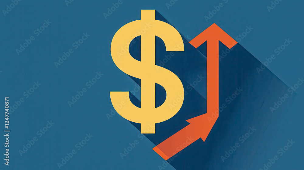 Yellow Dollar Symbol with Growth Arrow on Blue Background Yellow Dollar Symbol with Growth Arrow on Blue Background