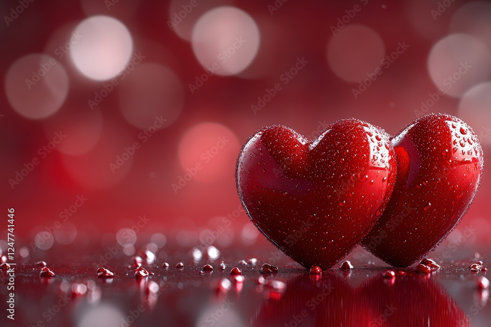 Two red hearts placed on a shiny reflective surface creating a romantic and warm atmosphere Two red hearts placed on a shiny reflective surface creating a romantic and warm atmosphere