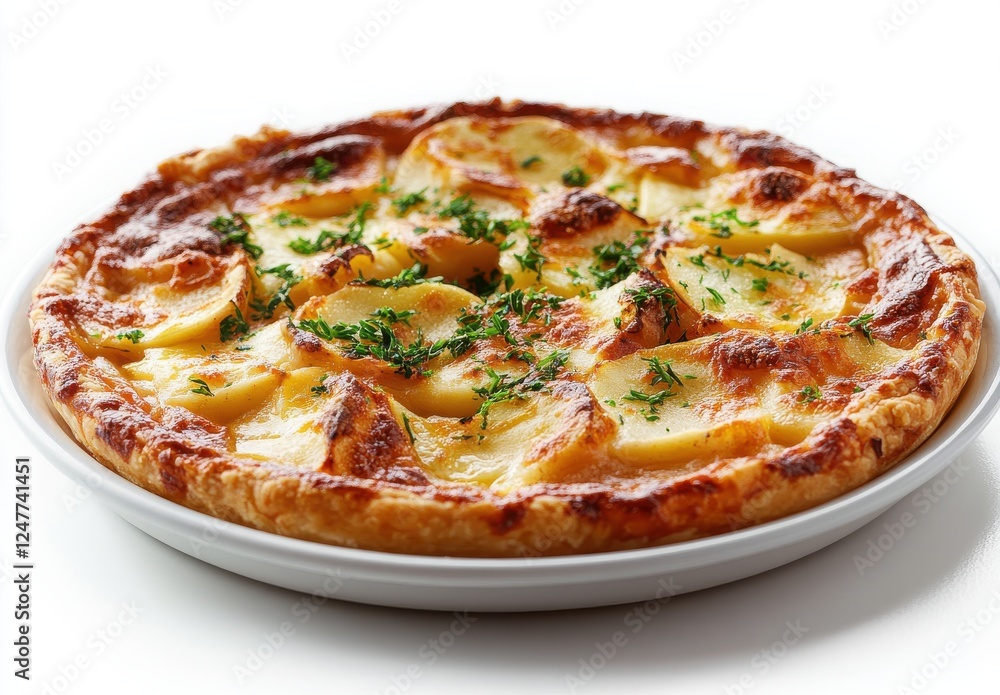 Golden Brown Potato Pie with Crispy Crust and Fresh Herbs Garnish on White Background Ideal for Food Photography and Culinary Arts Projects Golden Brown Potato Pie with Crispy Crust and Fresh Herbs Garnish on White Background Ideal for Food Photography and Culinary Arts Projects