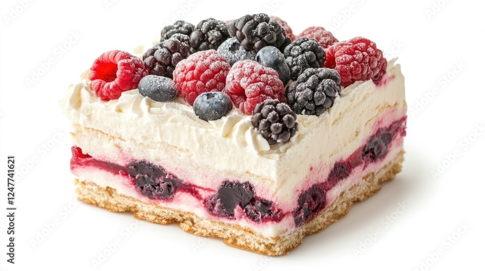 Delicious Berry Cake Slice with Creamy Frosting on a White Background Delicious Berry Cake Slice with Creamy Frosting on a White Background