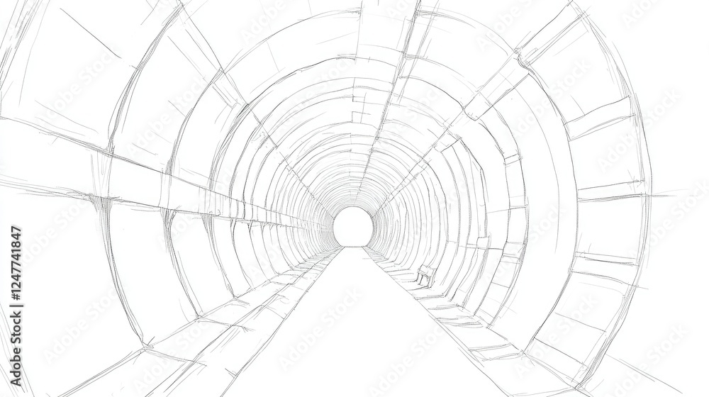 Obraz premium A simple line drawing of the interior of an infinite tunnel, with one side visible and only lines forming the shapes, against a white background