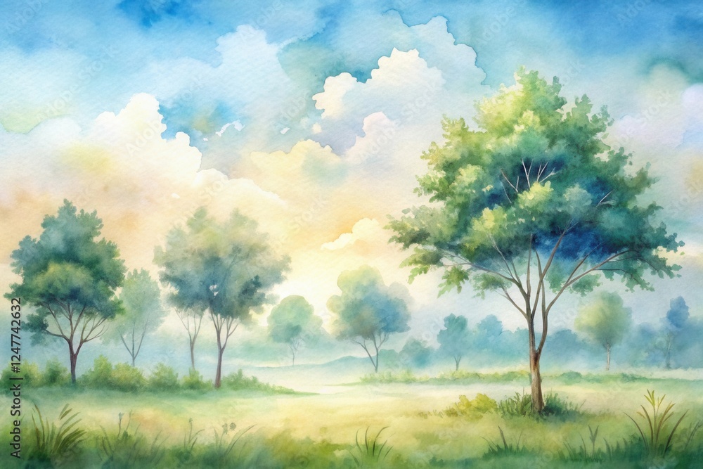 Obraz premium Serene Watercolor Landscape Depicting a Tranquil Meadow with Lush Greenery Under a Softly Lit Sky