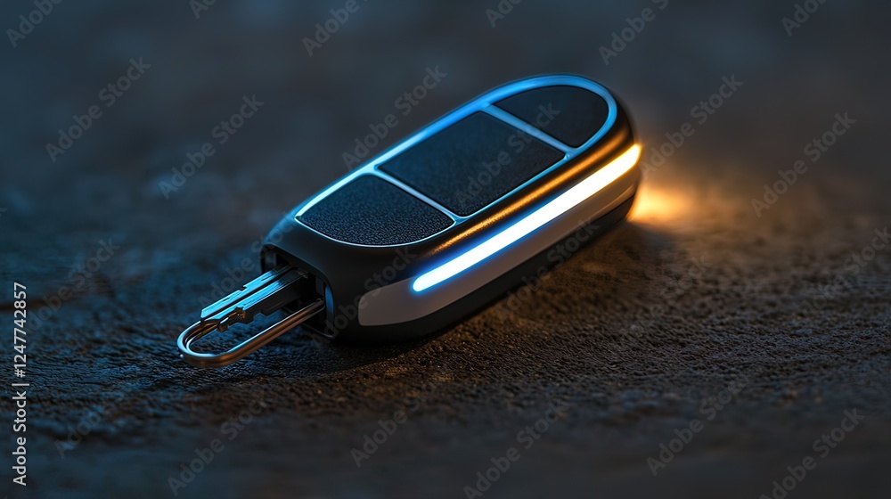 Modern car key with illuminated strip, lying on dark surface.