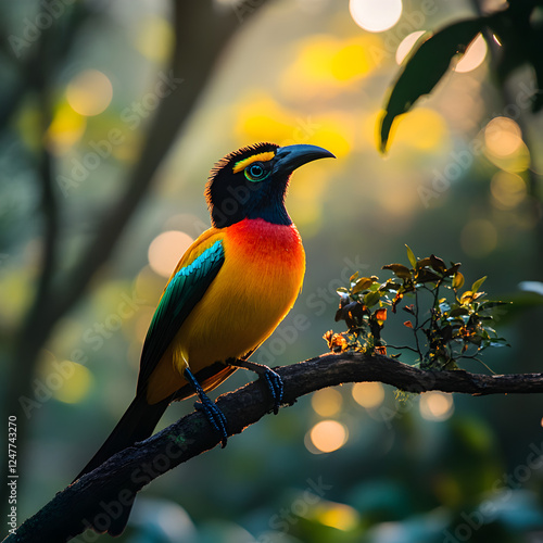 Vibrant Golden collared Toucanet Perched on Branch photo