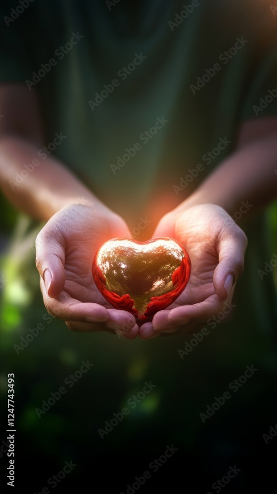 A pair of hands gently cradled a glowing red heart, symbolizing care, affection and unconditional love
A pair of hands gently cradled a glowing red heart, symbolizing care, affection and unconditional love