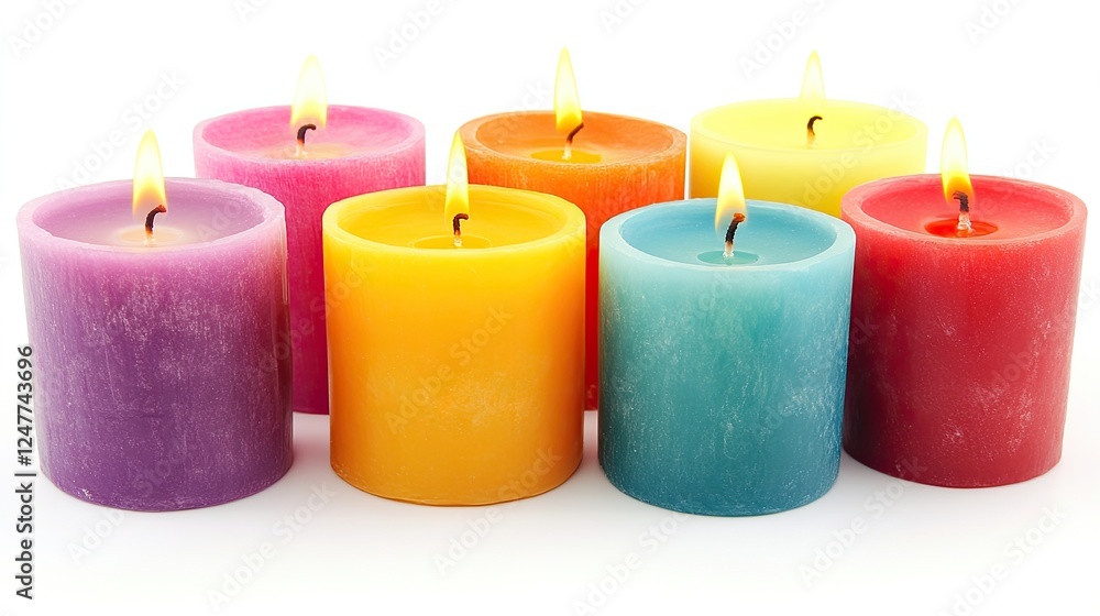 Six colorful candles burning brightly on white background. Six colorful candles burning brightly on white background.