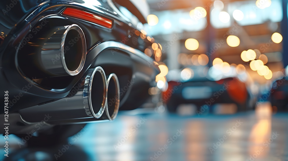Close up view of exhaust tip muffler pipe of a modern car in the showroom Close up view of exhaust tip muffler pipe of a modern car in the showroom