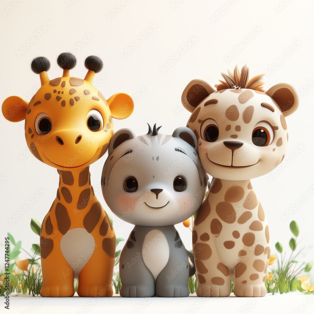 Naklejka premium Cute Cartoon Animal Characters in 3D with White Background